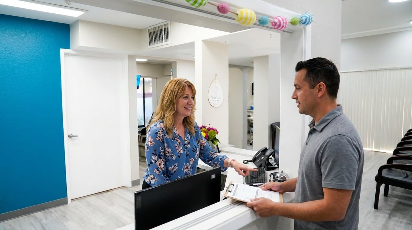 Front desk team helping a patient at Stockton Comfort Dental, Stockton, CA