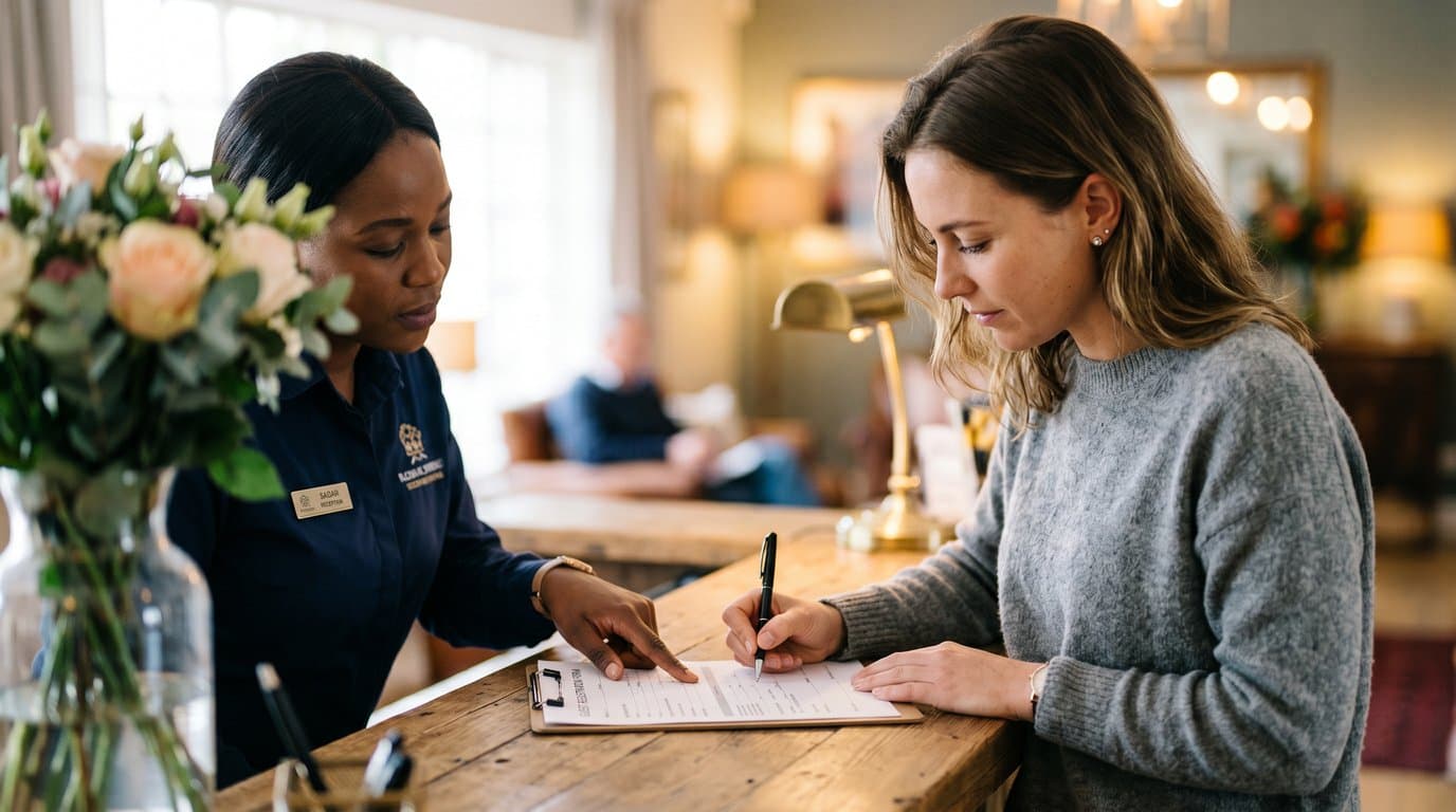 New patient completing registration paperwork with staff guidance at reception