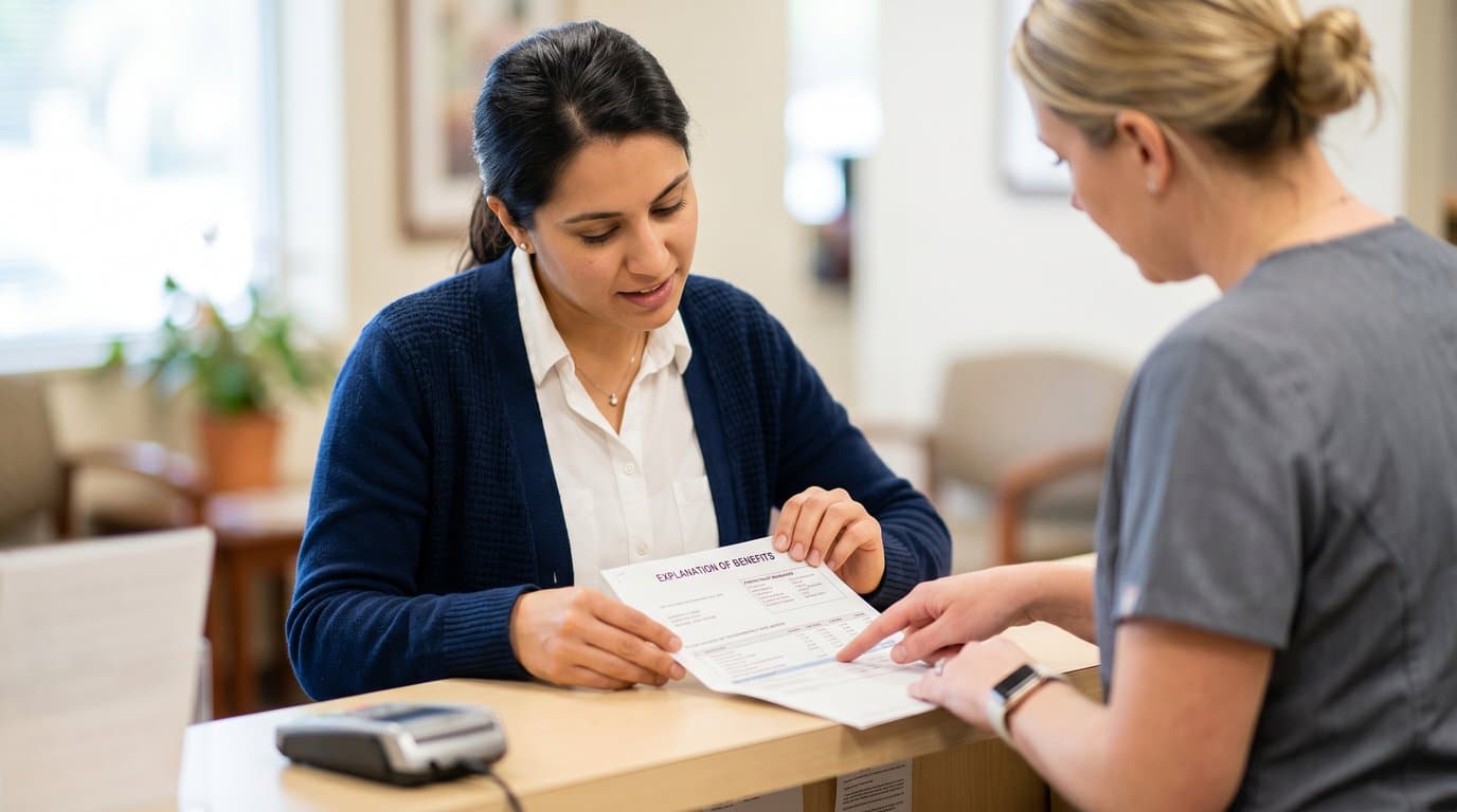 Patient and staff reviewing explanation of benefits paperwork at the front desk