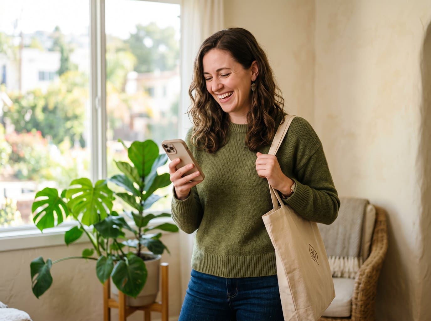 Patient in a bright waiting area using a smartphone to schedule or manage a visit