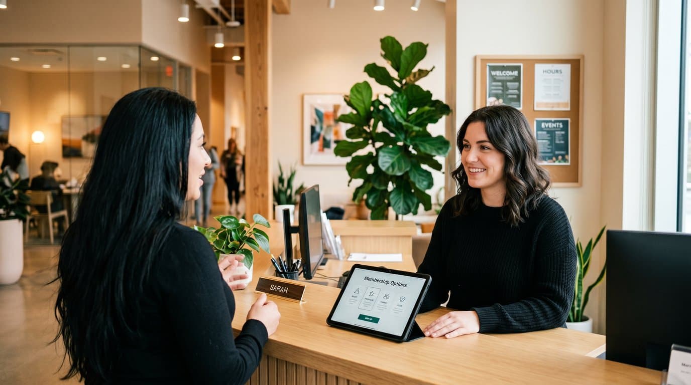 Patient at reception reviewing membership options on a tablet