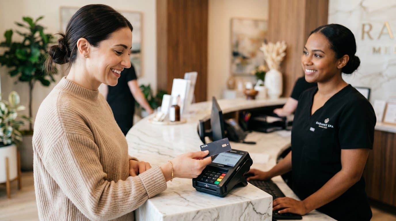 Patient paying with a card at the reception desk in a modern dental office