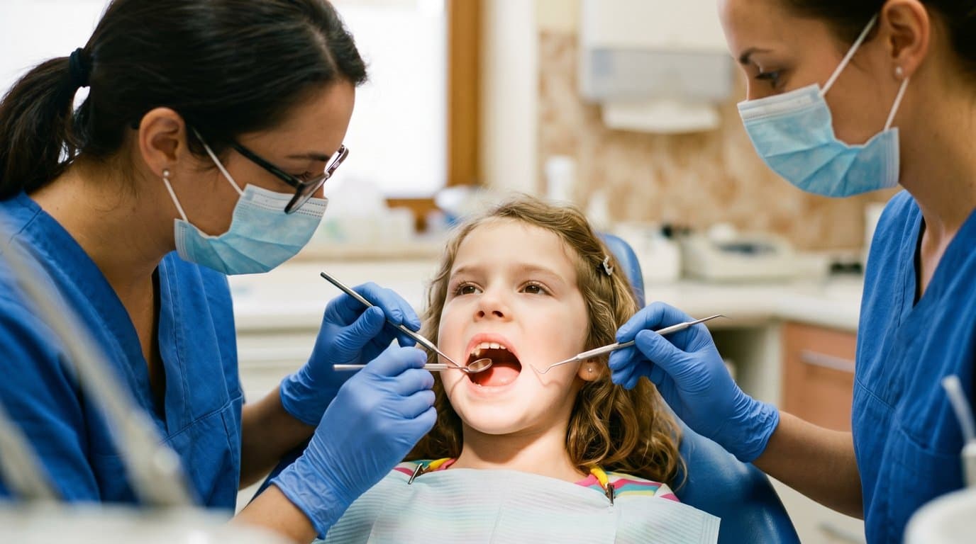 A calm child in a dental chair during an exam while clinicians use a mirror and explorer