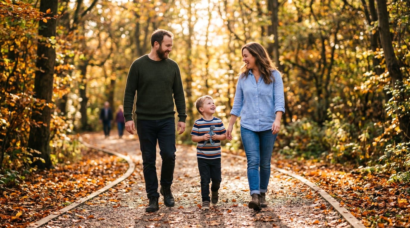 Happy family walking outdoors—family-friendly dental care in Stockton, CA