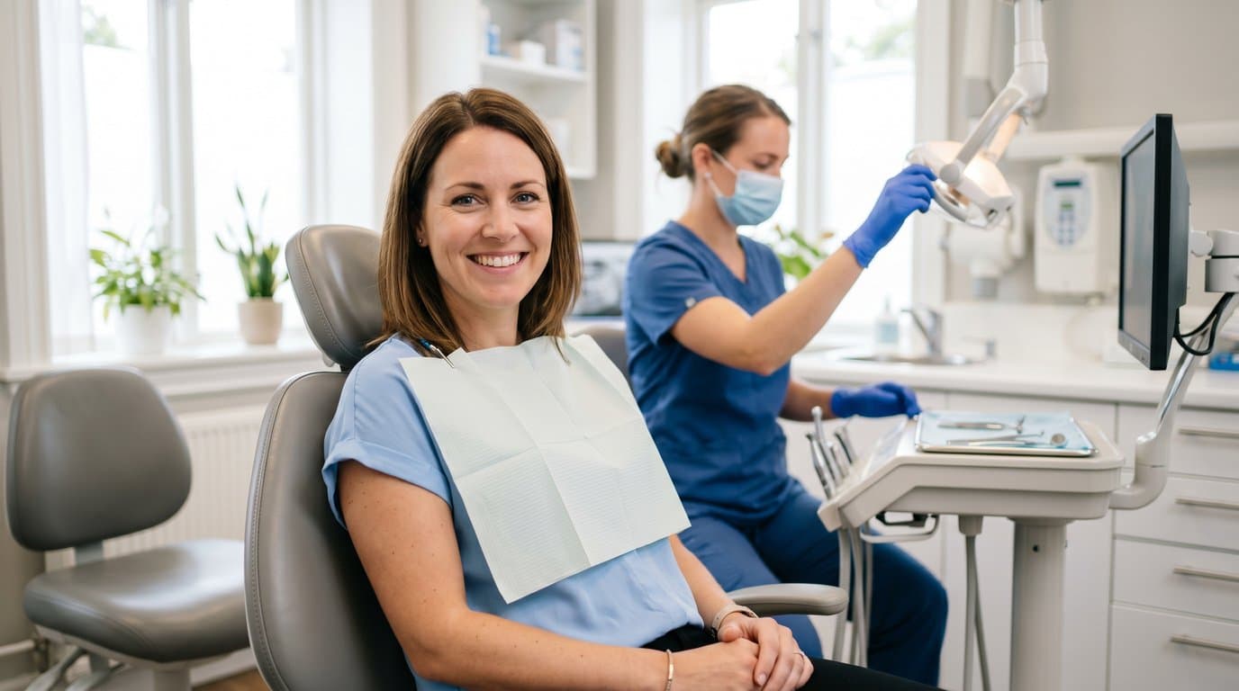 A smiling woman in a dental chair during a preventive visit, with a dental professional working in the background of a bright, modern clinic