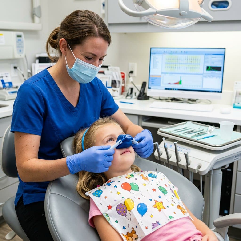 Dental professional gently placing a sedation nose mask on a child in the dental chair
