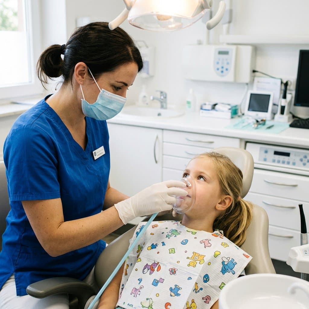 Clinician adjusting a nitrous oxide mask on a relaxed child during pediatric sedation dentistry