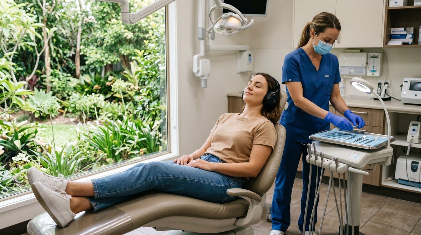 A relaxed patient in a dental chair with headphones while a clinician prepares instruments in a bright, modern office with a garden view