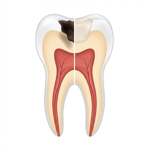 Cross-section illustration comparing decay with a tooth-colored composite filling restoration