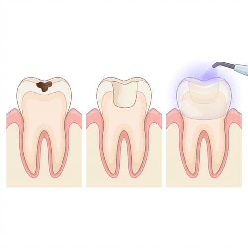 Illustration of cavity removal, tooth preparation, and composite placement with a curing light