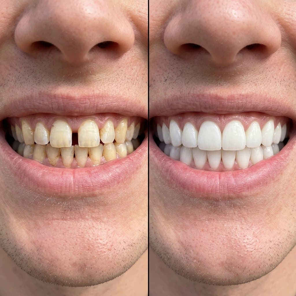 Before and after smile comparison—whiter, more even teeth after cosmetic dentistry