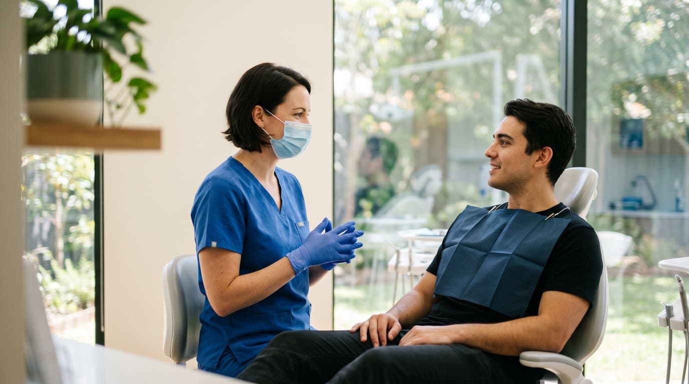 A dental hygienist in navy scrubs and a face mask talking with a patient in a bright, modern office with large windows overlooking a garden