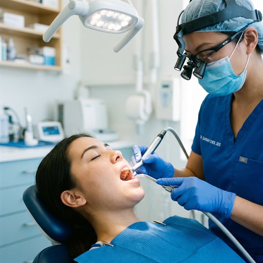 Hygienist polishing teeth with a handpiece during a professional dental cleaning