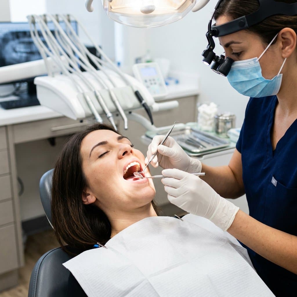 Clinician using dental instruments during a hygiene visit while the patient relaxes in the chair