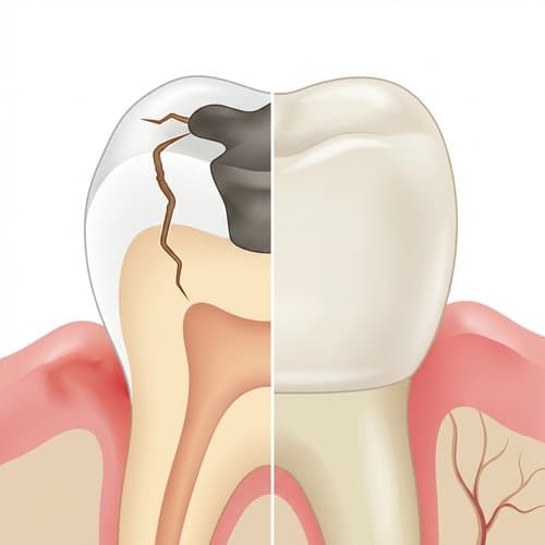 Illustration comparing a damaged, decayed tooth with a tooth restored by a dental crown