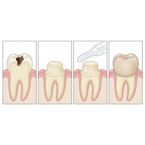 Illustration of crown steps: damaged tooth, preparation, records, and final crown placement
