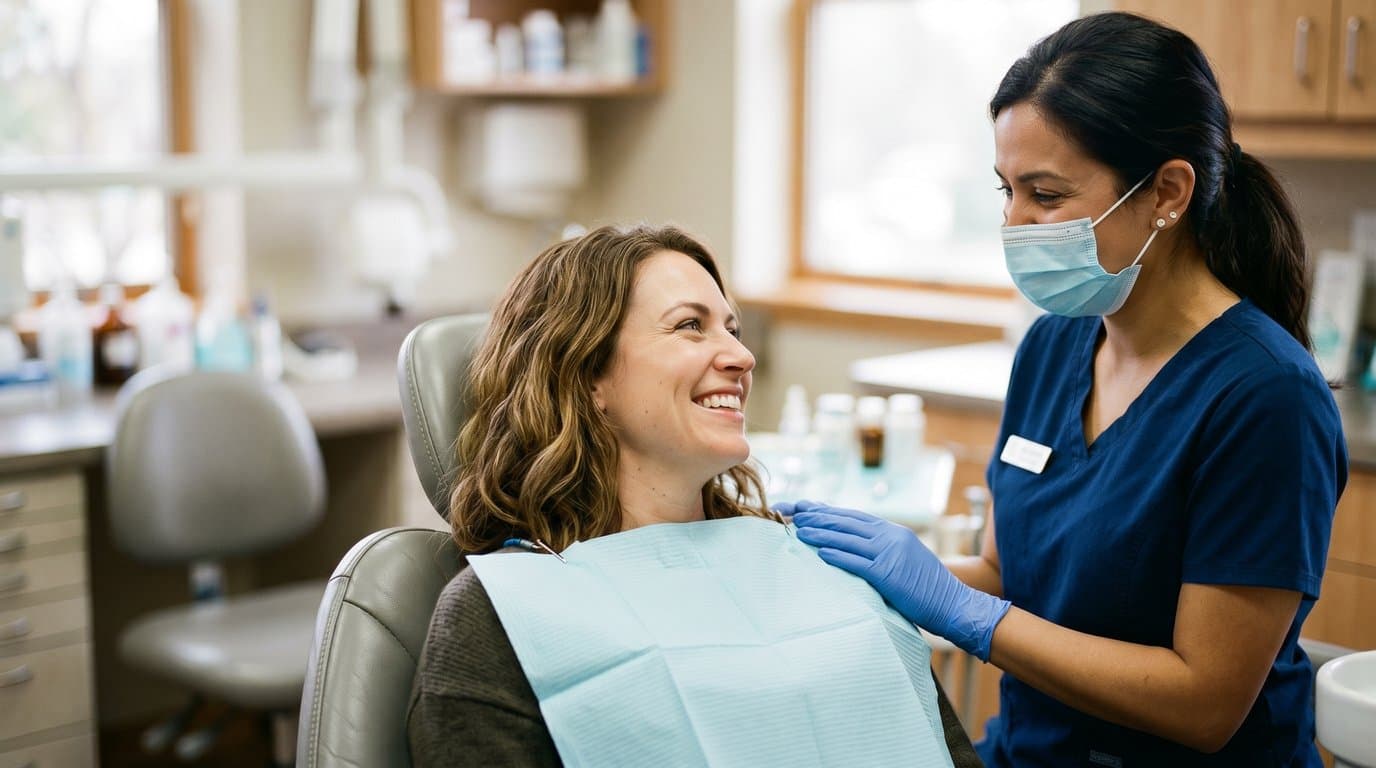 A patient in a dental chair smiling while a clinician in scrubs and mask rests a reassuring hand on her shoulder