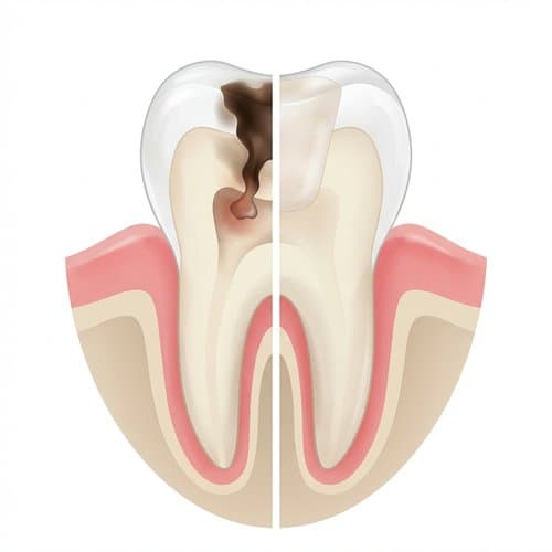 Cross-section illustration comparing tooth decay with a restored tooth after a dental filling