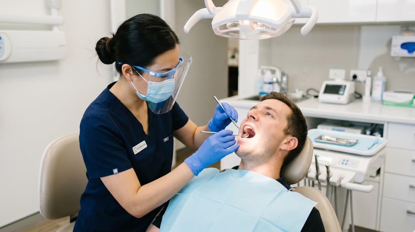 Dentist in scrubs and gloves treating a relaxed patient in a dental chair with a hand instrument