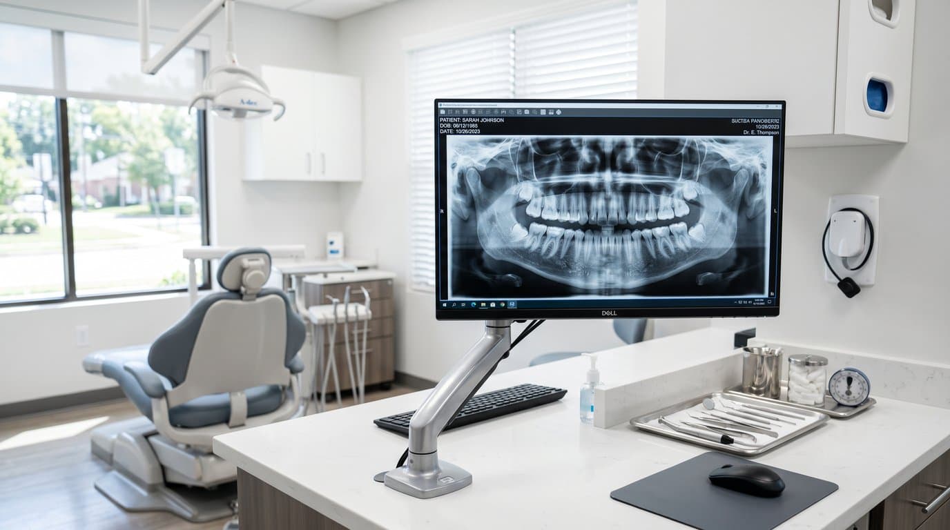 Panoramic dental X-ray on a monitor in a modern operatory—dental imaging in Stockton, CA