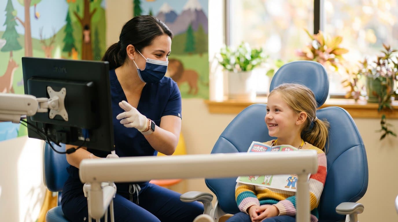 A dental professional smiling and talking with a child in a pediatric-style operatory with a mural and bright windows