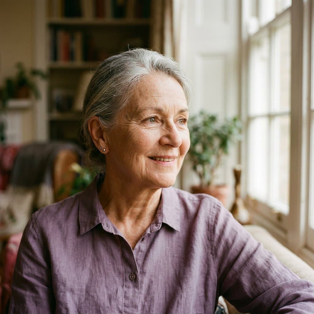 Older adult smiling with a natural, confident expression—life with comfortable dentures