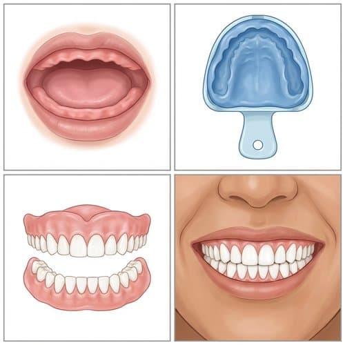 Illustration of the denture process: gums, impressions, dentures, and smile with dentures in place