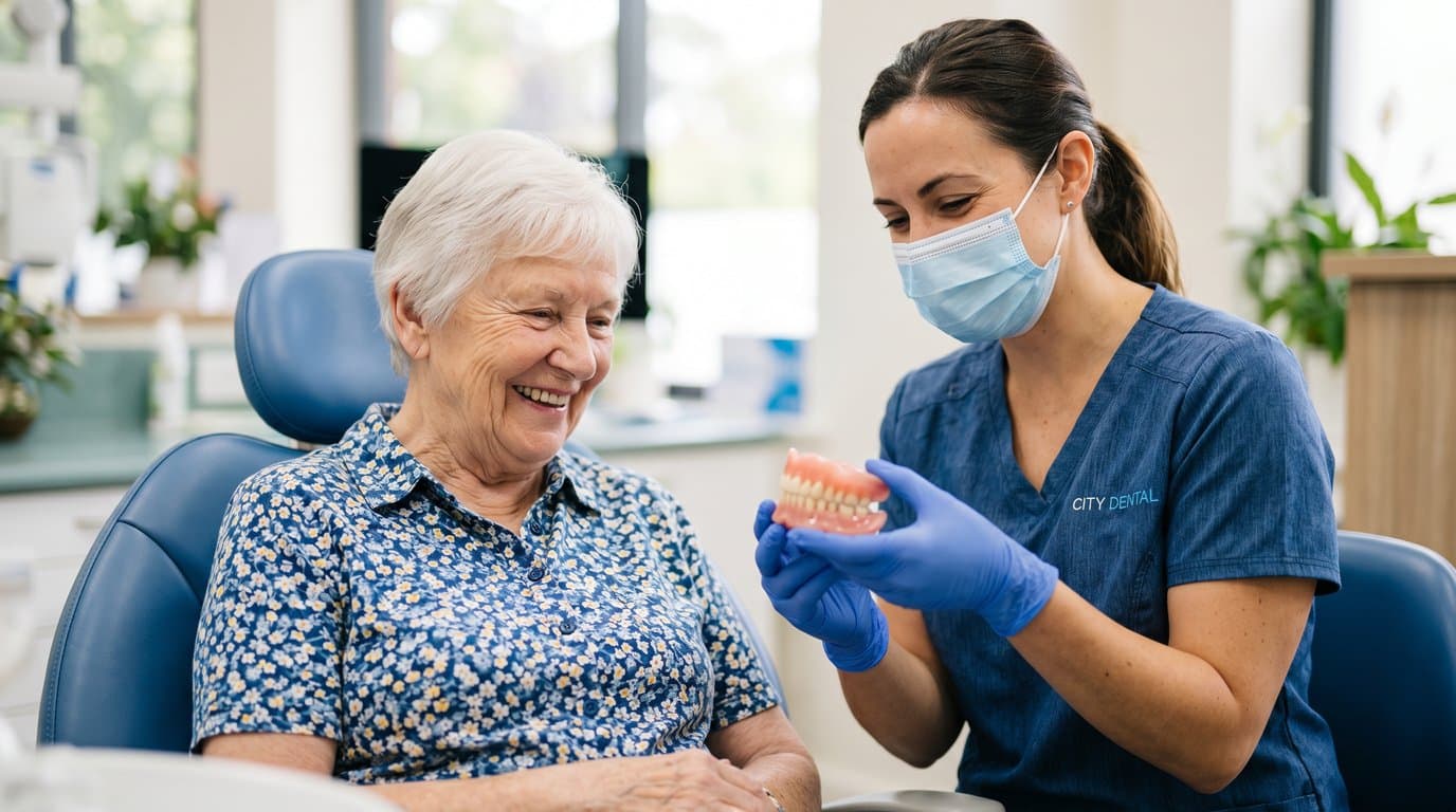 A dental professional showing a denture to a smiling patient seated in a dental chair