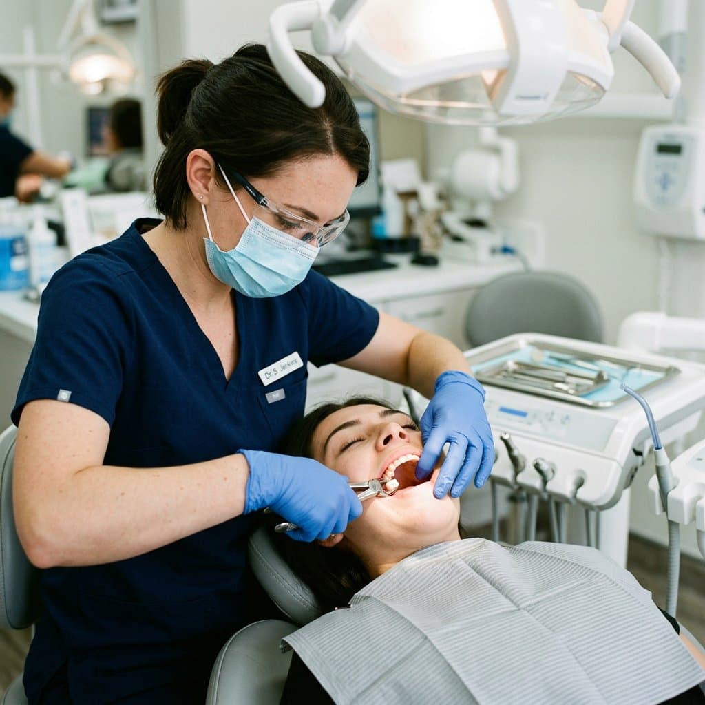 Dentist performing a tooth extraction with forceps while the patient rests in the dental chair