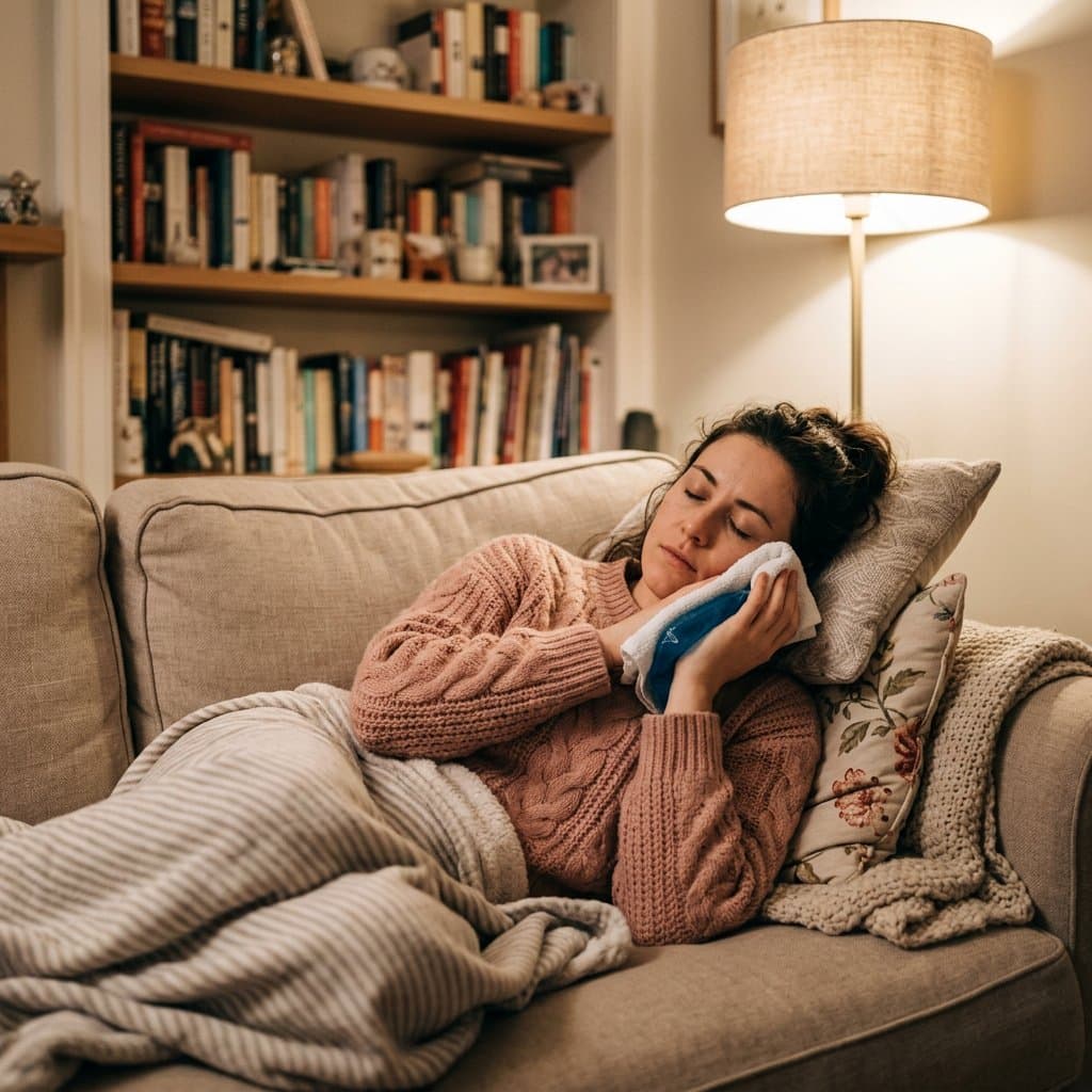 Woman at home using a cold compress on her cheek for comfort after a tooth extraction