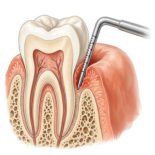 Illustration of a periodontal probe measuring gum pocket depth next to a tooth in cross-section