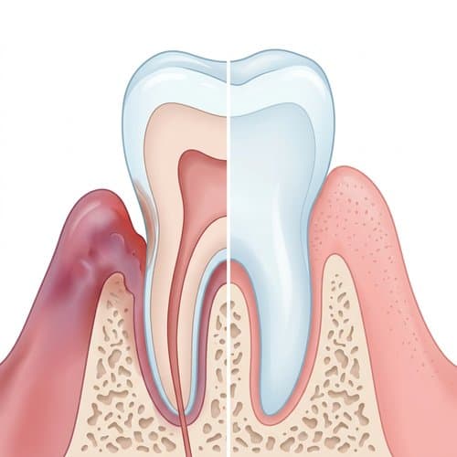 Illustration comparing healthy gums and bone with periodontal disease, inflammation, and bone loss