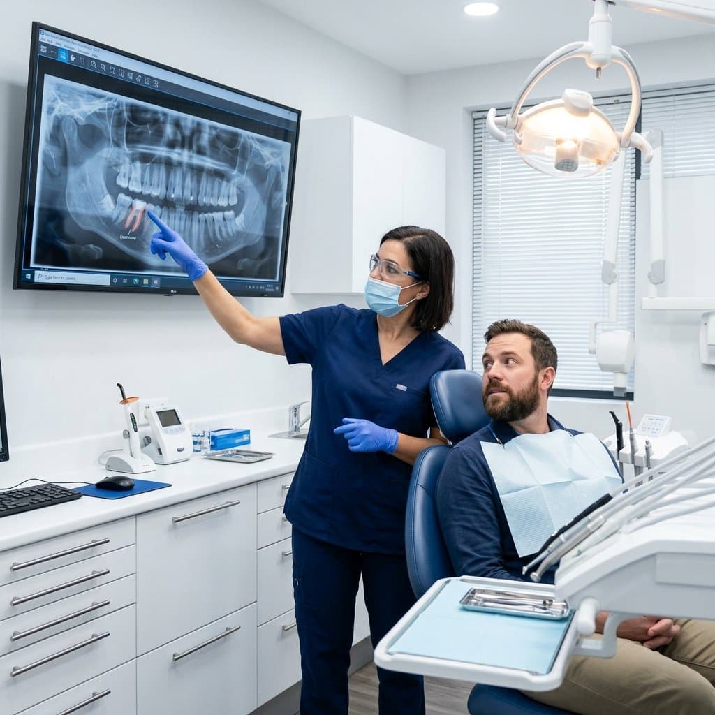 Dentist and patient reviewing a panoramic X-ray and scans on a monitor—dental imaging in Stockton, CA