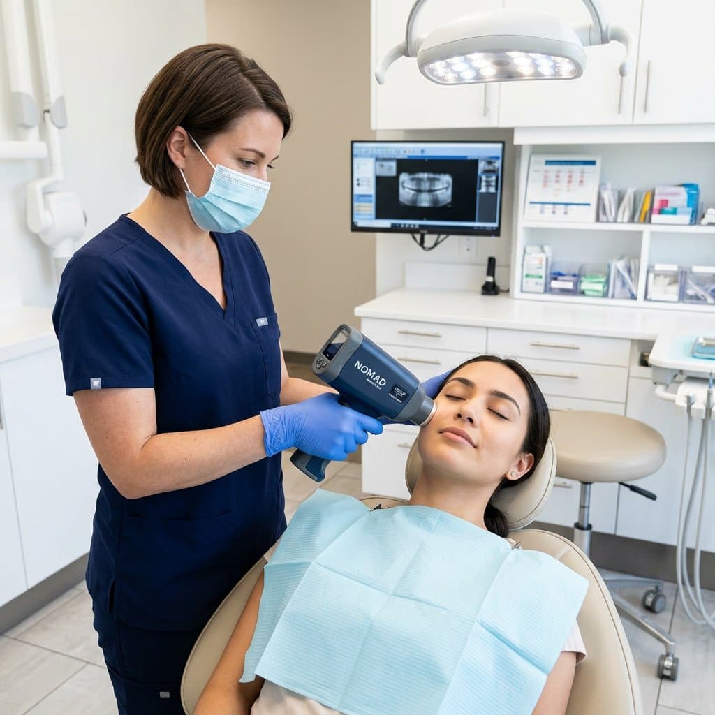 Clinician using a Nomad handheld dental X-ray with a relaxed patient in the chair
