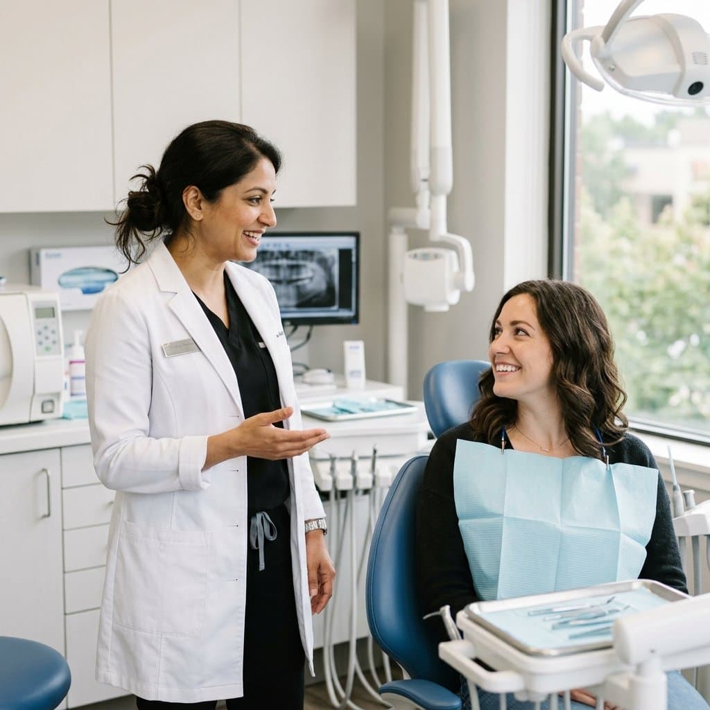 Dentist consulting with a patient in the dental chair about implant treatment