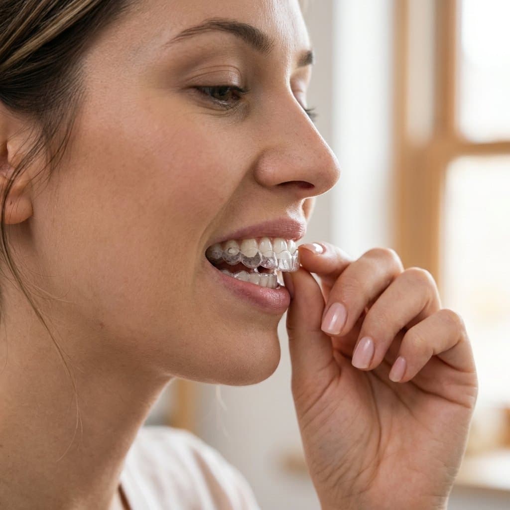 Woman placing a clear Invisalign aligner over her teeth