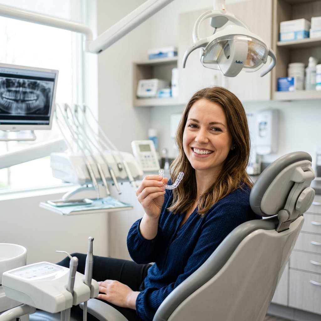 Patient in the dental chair smiling while holding a clear Invisalign aligner