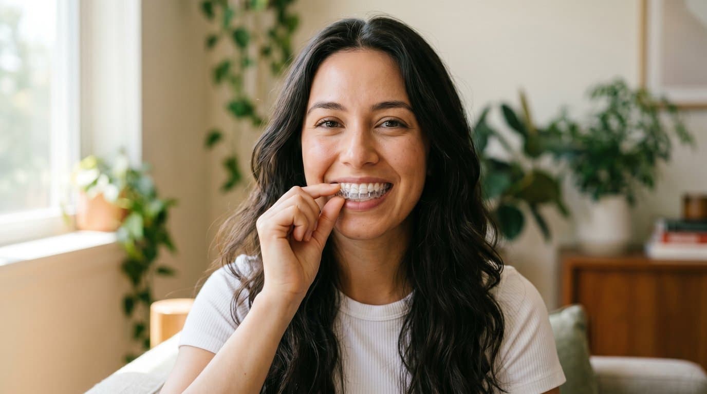 Smiling patient holding a clear Invisalign aligner