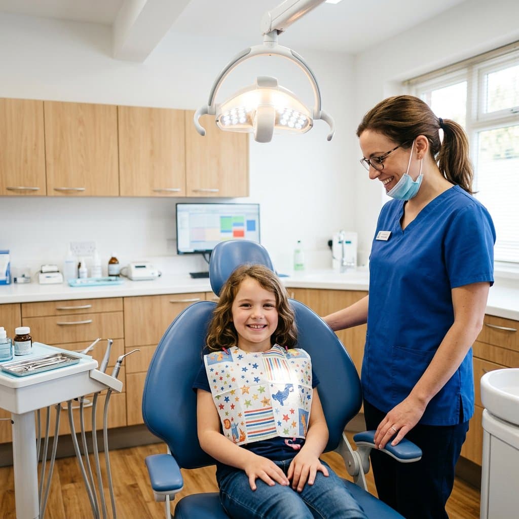 Smiling child in the dental chair with a caring team member during a pediatric visit