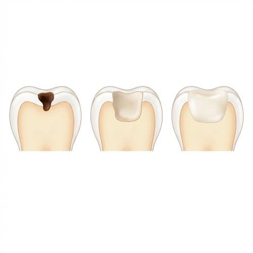 Illustration of a cavity, prepared tooth, and tooth-colored filling in three steps