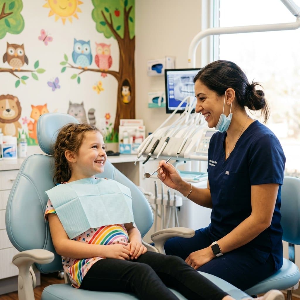 Dentist smiling with a young patient during a positive pediatric dental visit