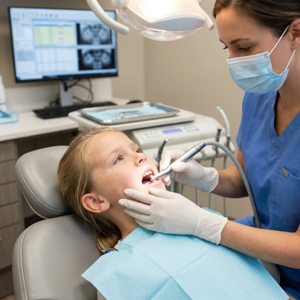 Dentist providing gentle preventive care to a child in the dental chair