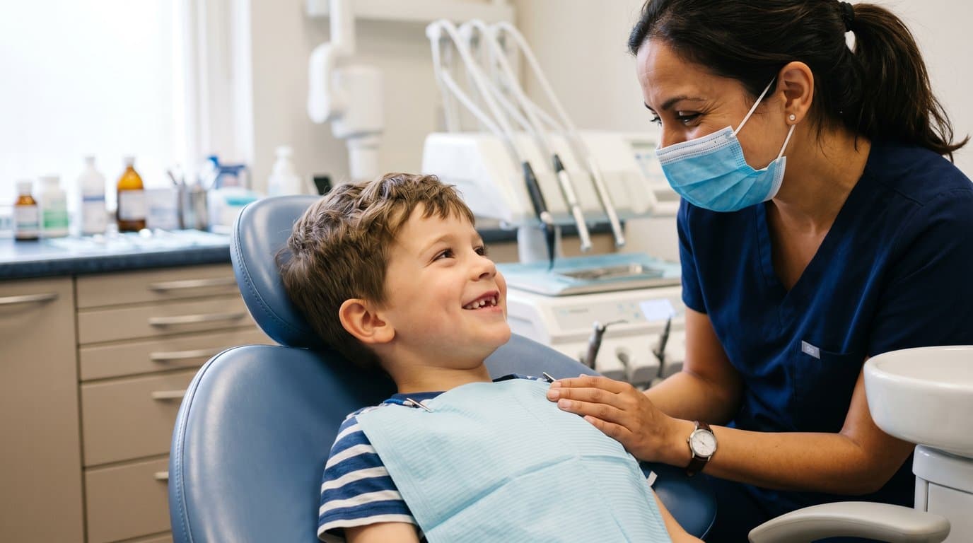 A smiling boy in a dental chair with a dental professional in scrubs and mask leaning in with a reassuring expression