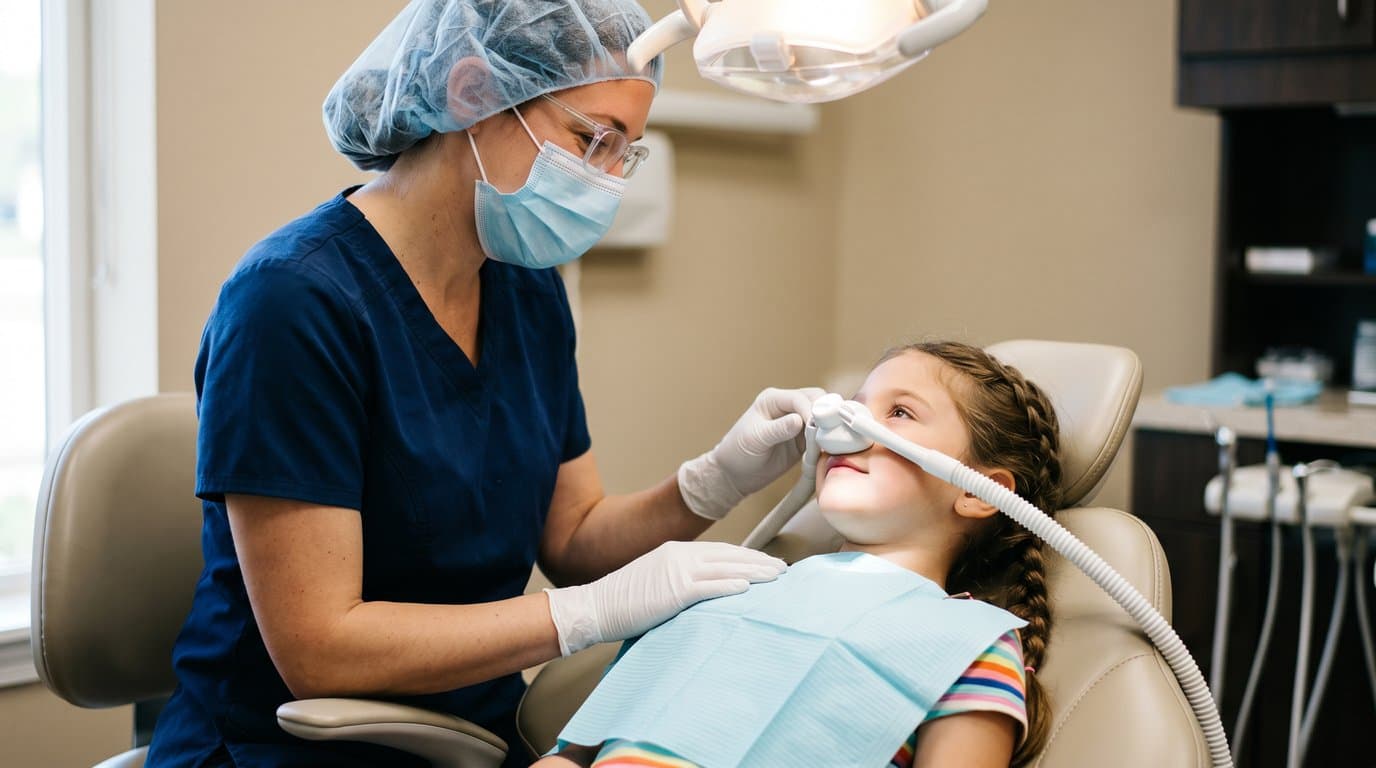 A relaxed child in a dental chair wearing a nitrous oxide nose mask while a dental professional in scrubs provides care