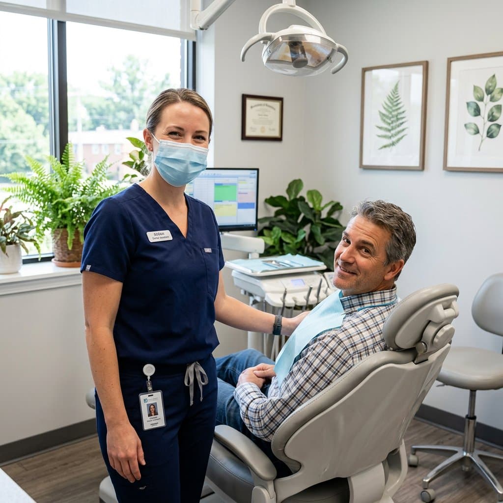 Dentist and patient during a comfortable preventive visit at Stockton Comfort Dental