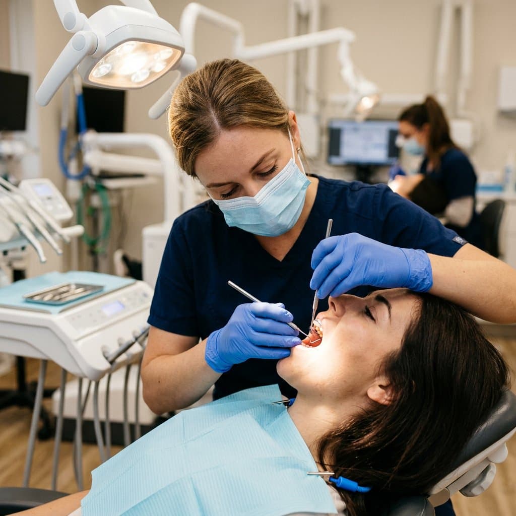 Dentist examining a patient’s teeth with a mirror and explorer during a preventive exam