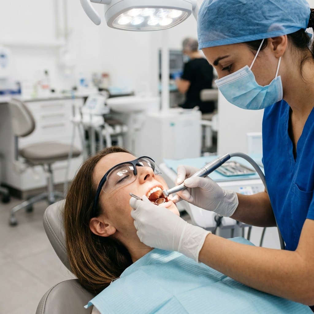 Hygienist performing a professional teeth cleaning with dental instruments