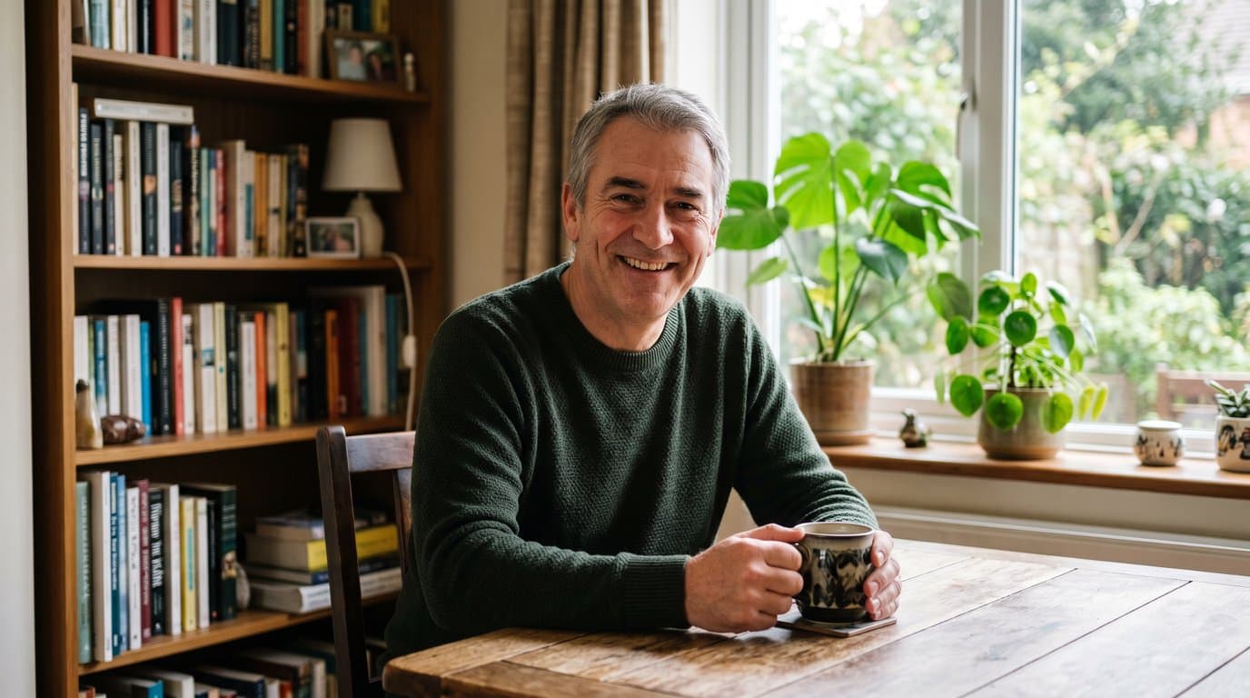 Man smiling with a mug at home—confident smile after restorative dentistry in Stockton, CA