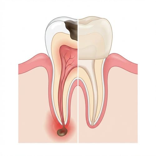 Illustration comparing an infected tooth with abscess to a treated tooth sealed and restored with a crown