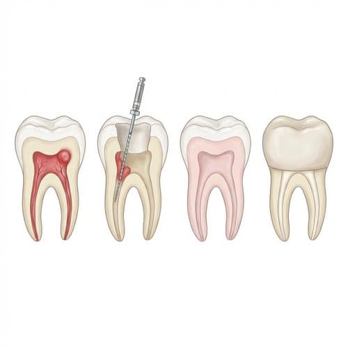 Illustration of root canal stages: infection, cleaning with files, sealed canals, and crown restoration